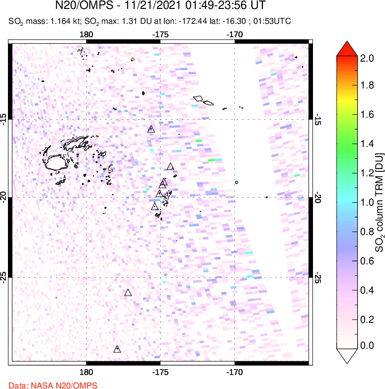 A sulfur dioxide image over Tonga, South Pacific on Nov 21, 2021.