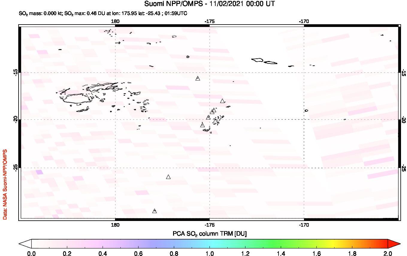 A sulfur dioxide image over Tonga, South Pacific on Nov 02, 2021.
