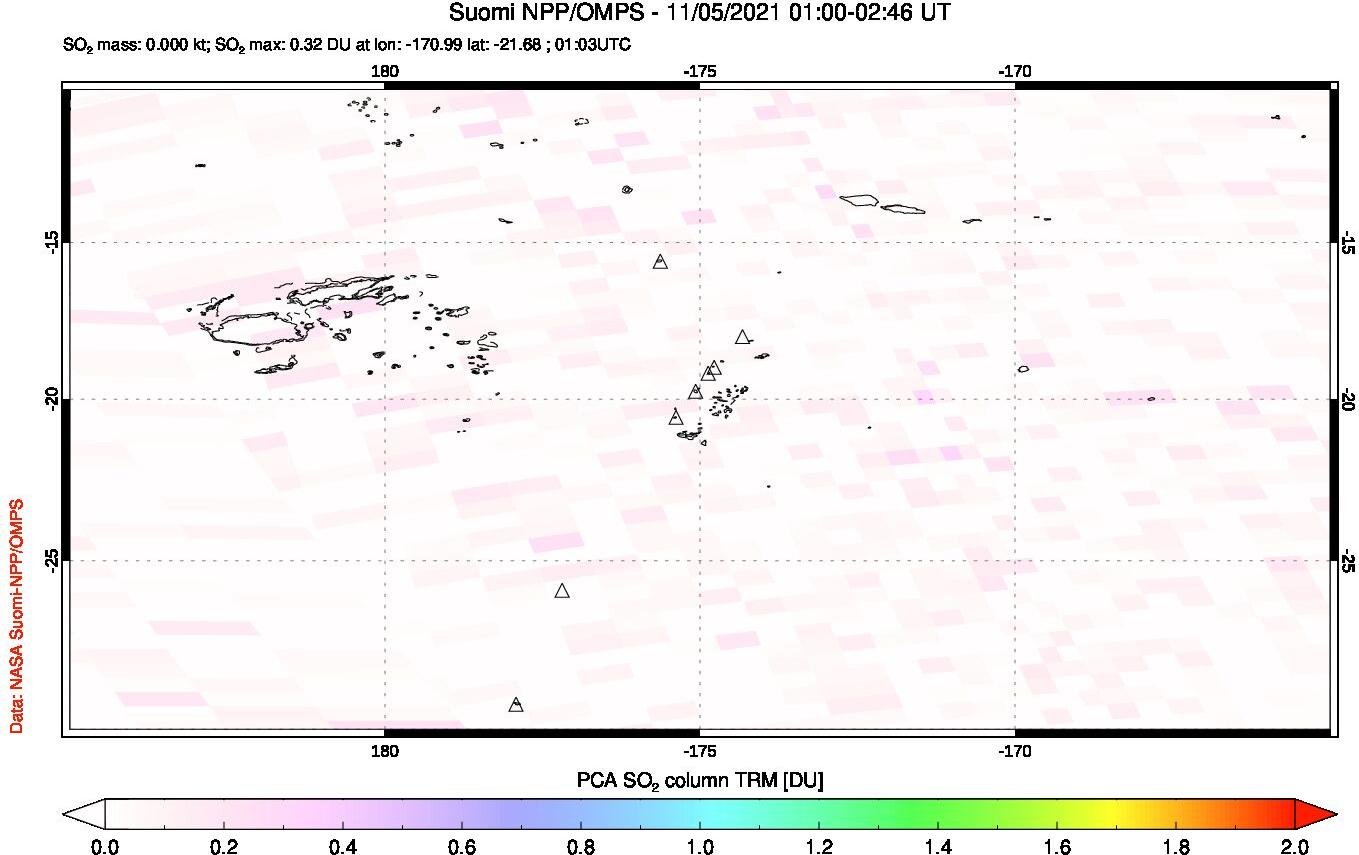 A sulfur dioxide image over Tonga, South Pacific on Nov 05, 2021.
