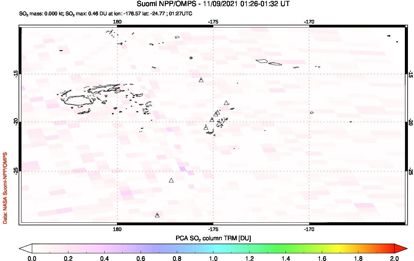 A sulfur dioxide image over Tonga, South Pacific on Nov 09, 2021.