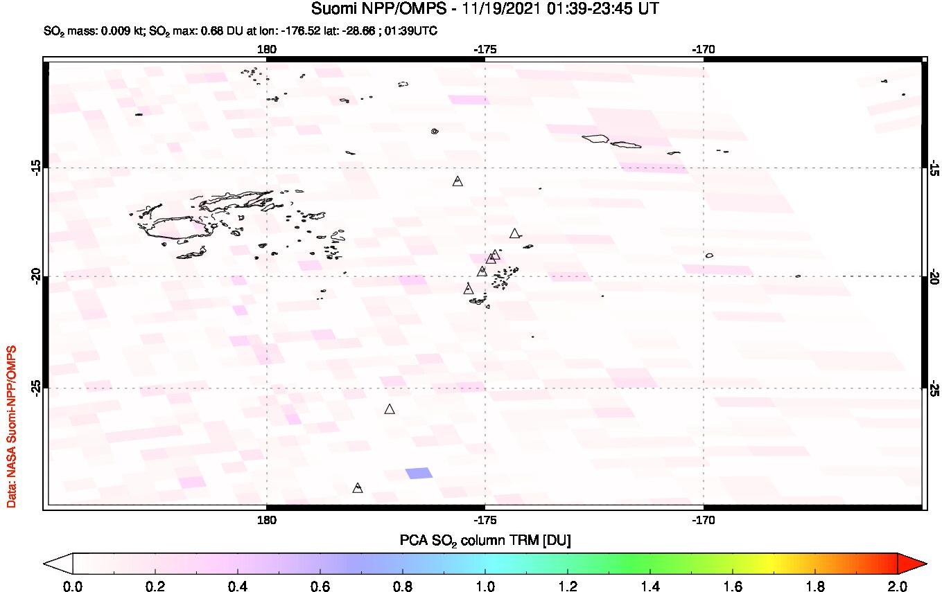 A sulfur dioxide image over Tonga, South Pacific on Nov 19, 2021.