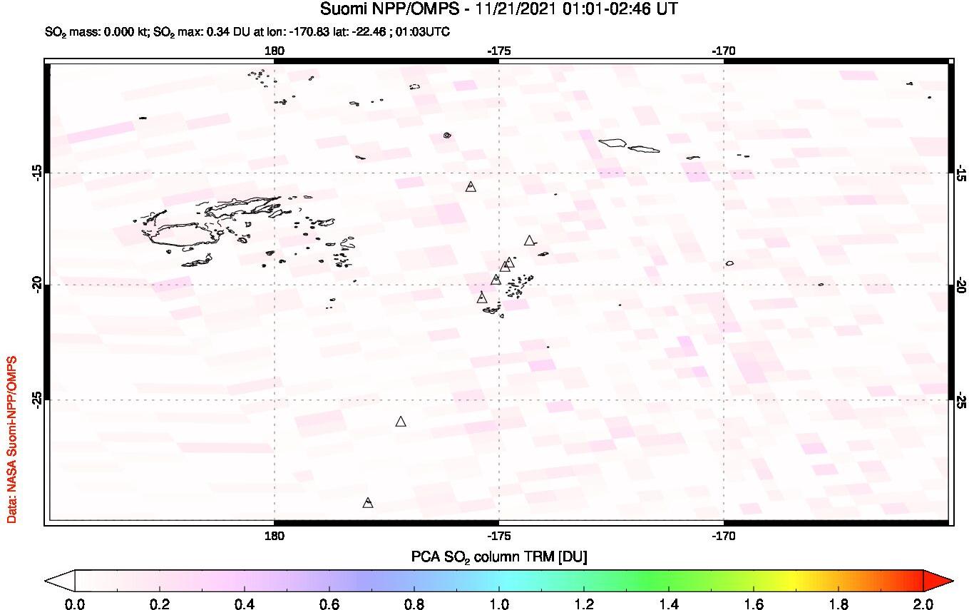 A sulfur dioxide image over Tonga, South Pacific on Nov 21, 2021.