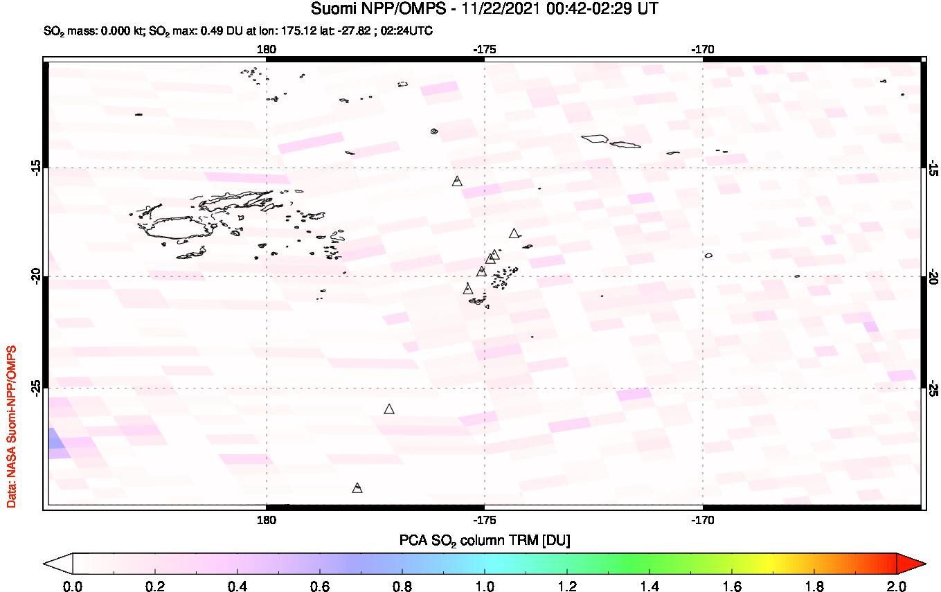 A sulfur dioxide image over Tonga, South Pacific on Nov 22, 2021.
