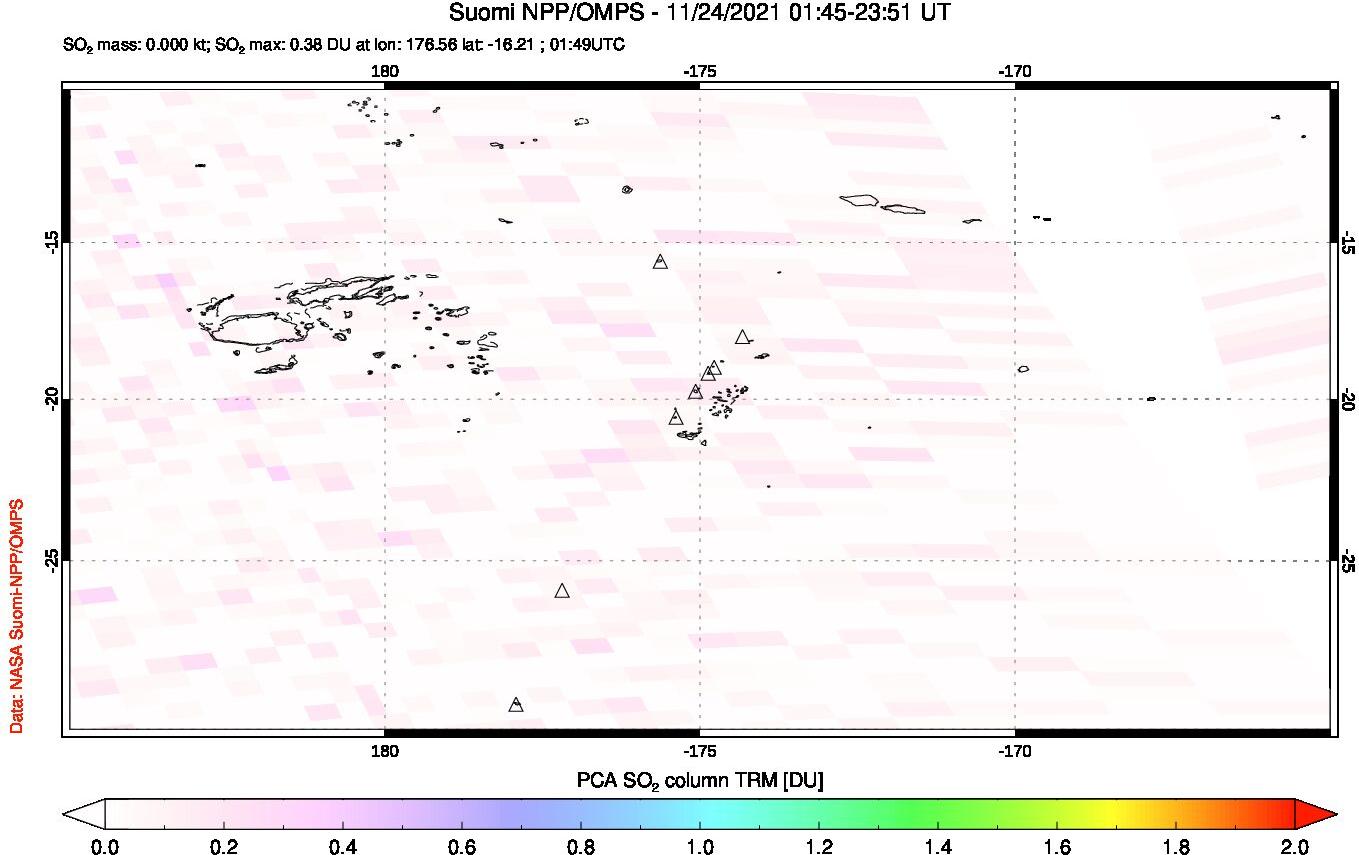 A sulfur dioxide image over Tonga, South Pacific on Nov 24, 2021.