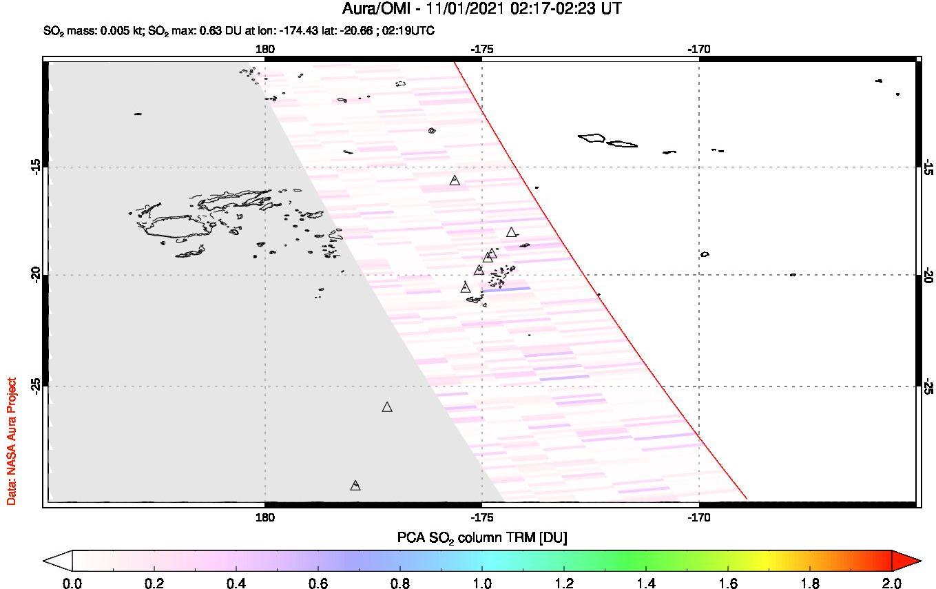 A sulfur dioxide image over Tonga, South Pacific on Nov 01, 2021.