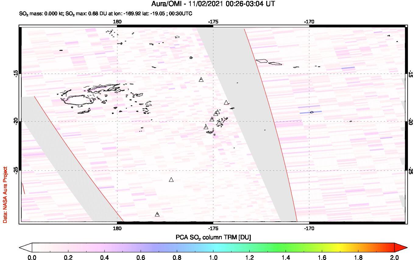 A sulfur dioxide image over Tonga, South Pacific on Nov 02, 2021.