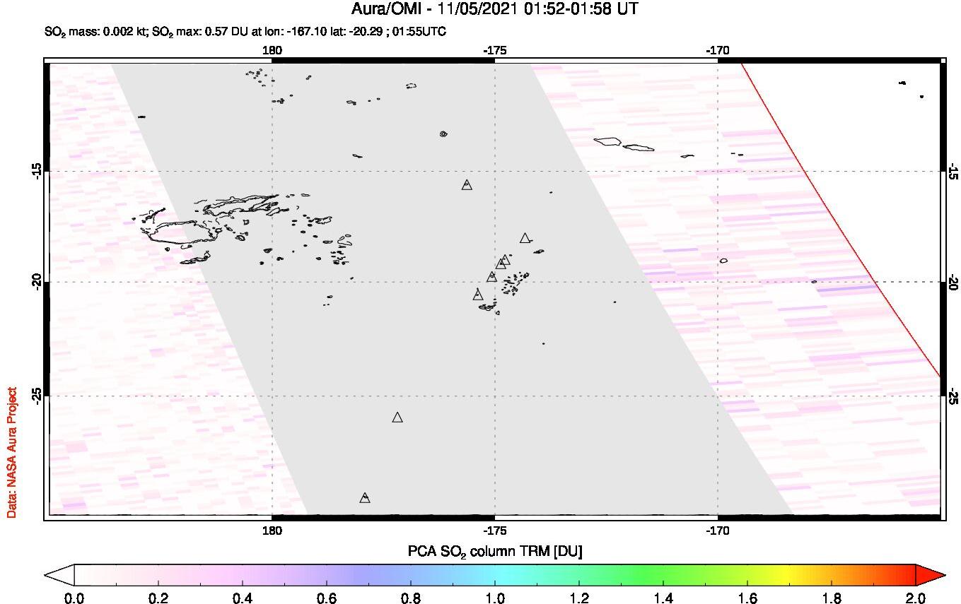 A sulfur dioxide image over Tonga, South Pacific on Nov 05, 2021.