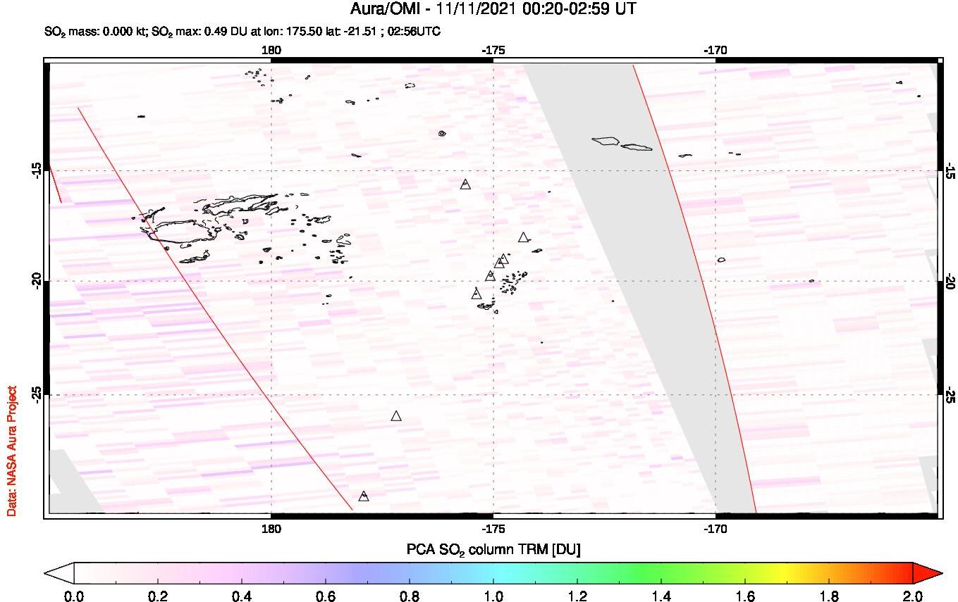 A sulfur dioxide image over Tonga, South Pacific on Nov 11, 2021.