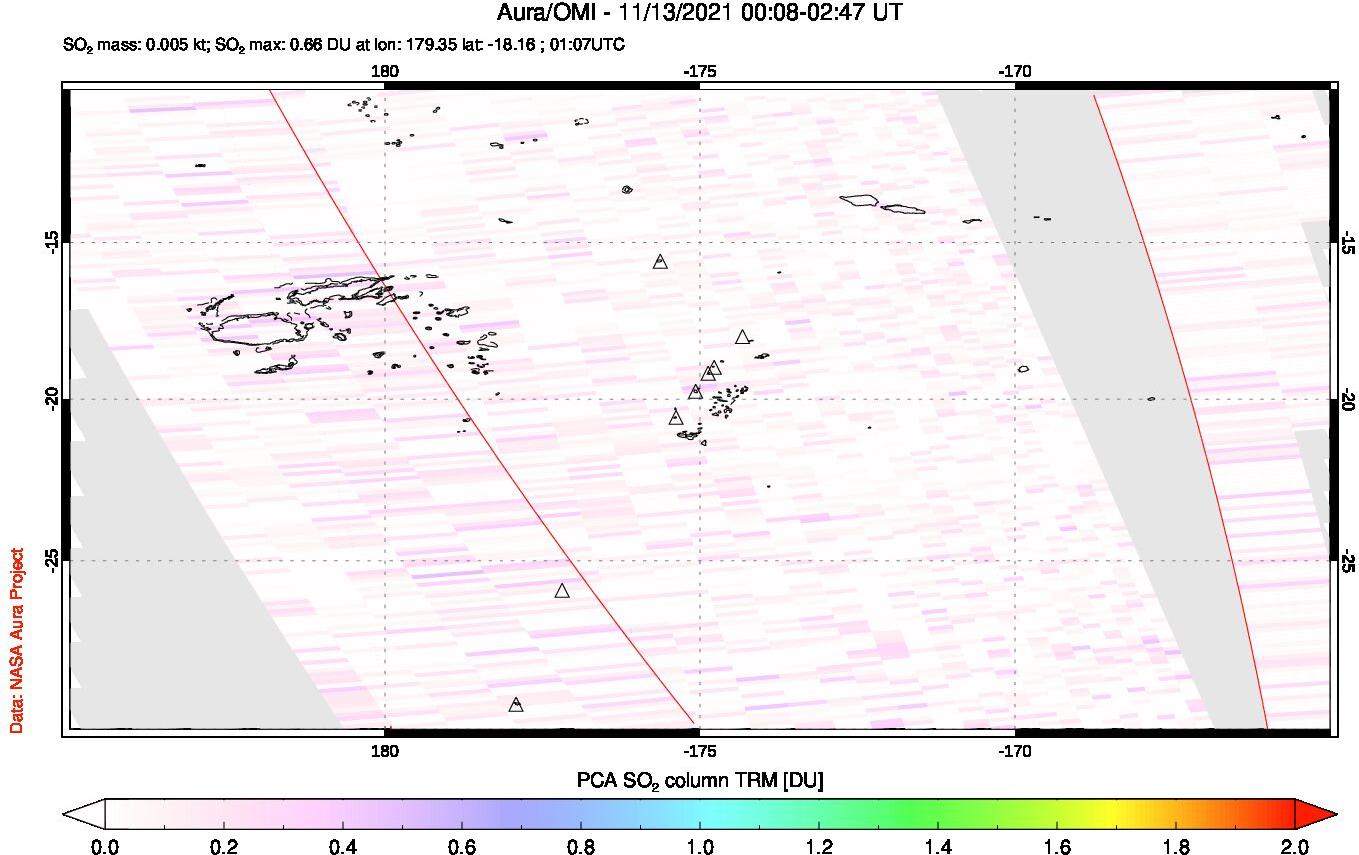 A sulfur dioxide image over Tonga, South Pacific on Nov 13, 2021.