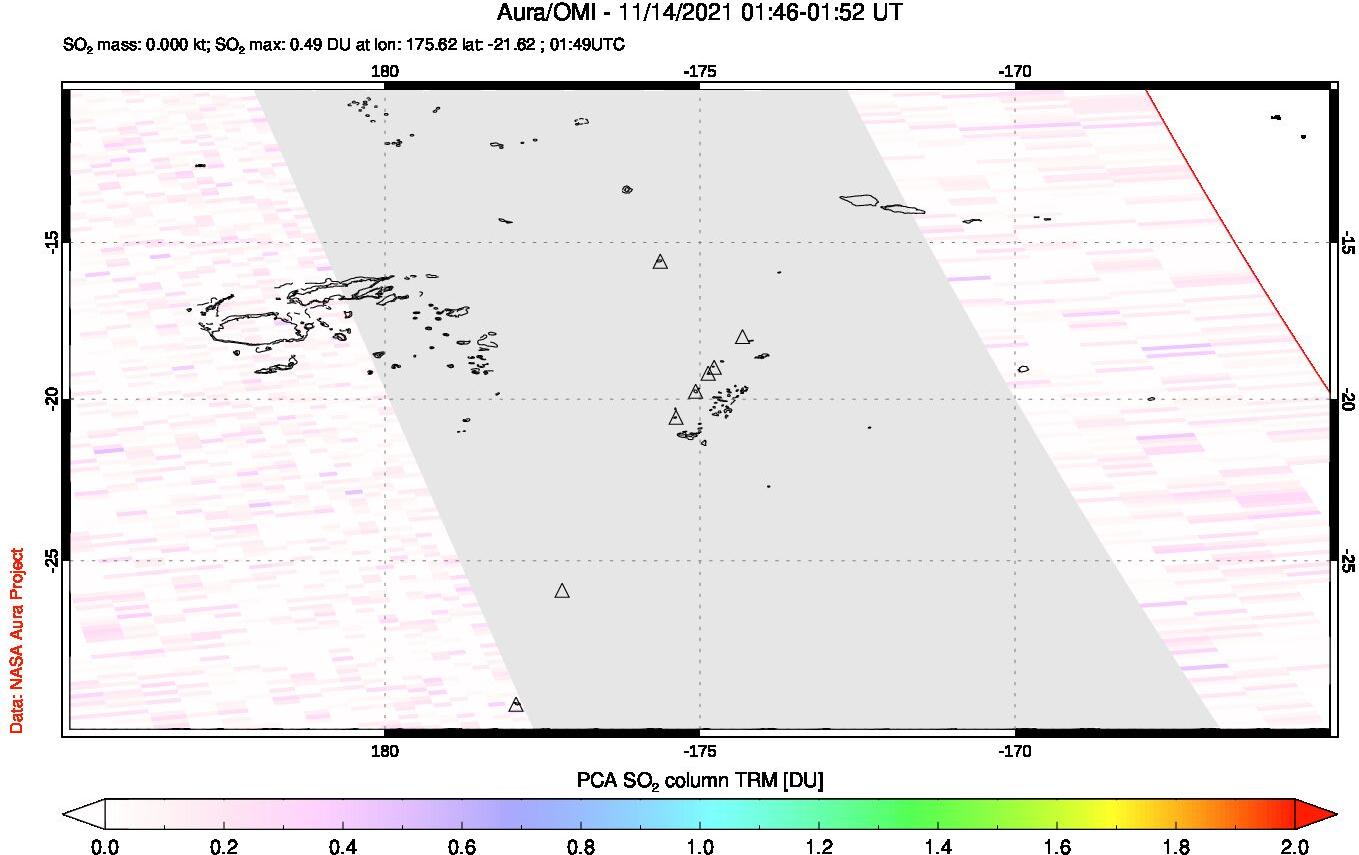 A sulfur dioxide image over Tonga, South Pacific on Nov 14, 2021.