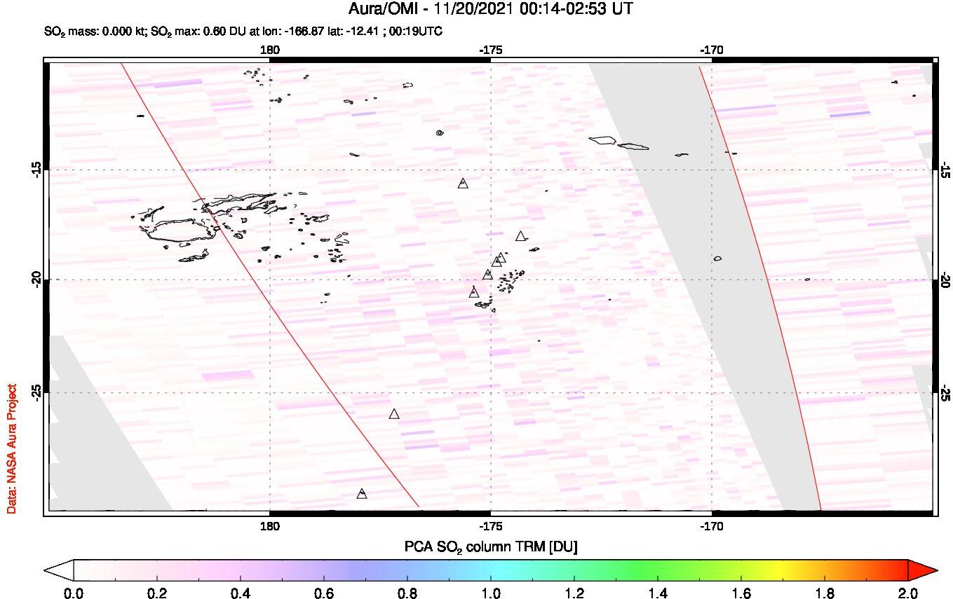 A sulfur dioxide image over Tonga, South Pacific on Nov 20, 2021.