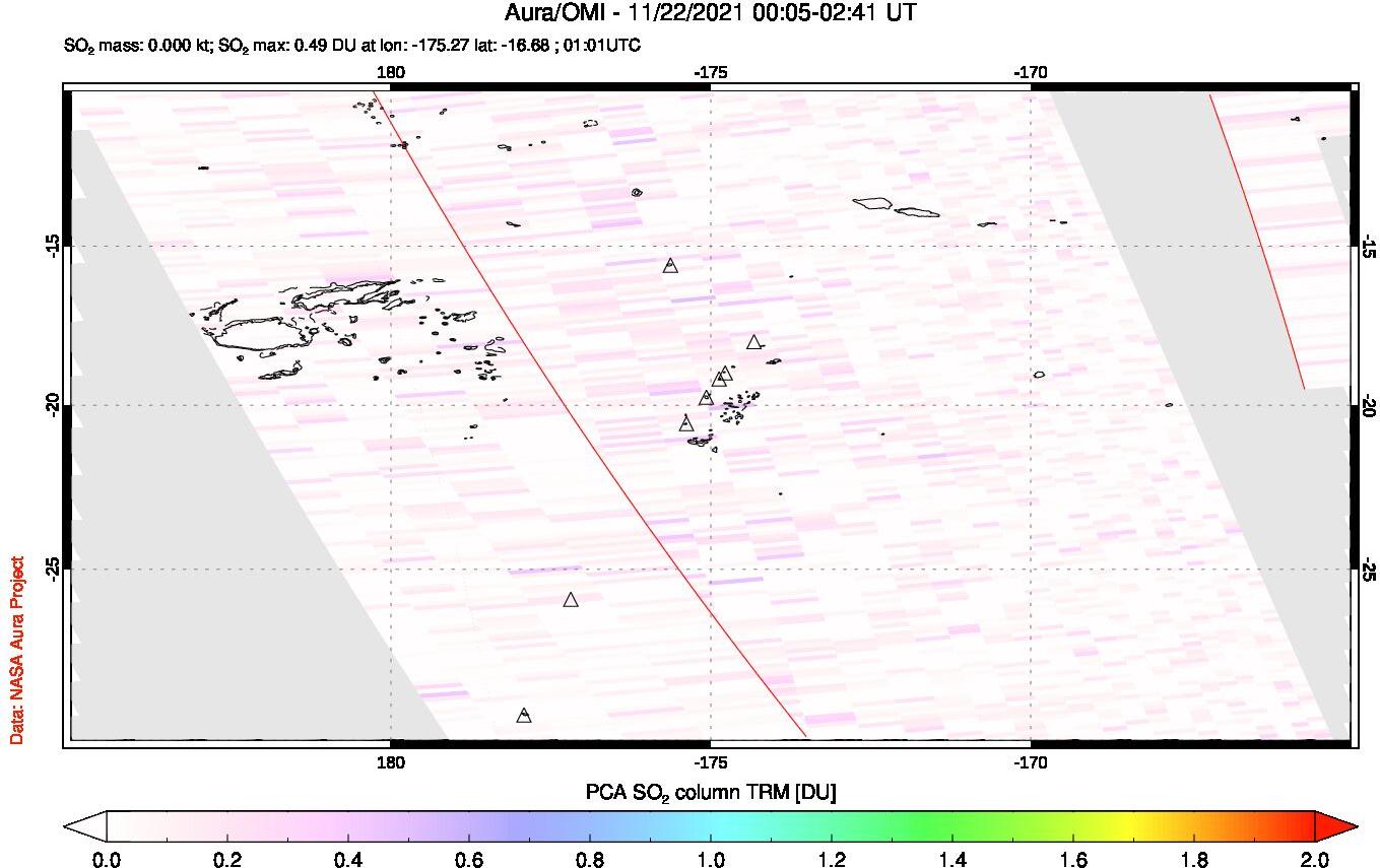 A sulfur dioxide image over Tonga, South Pacific on Nov 22, 2021.