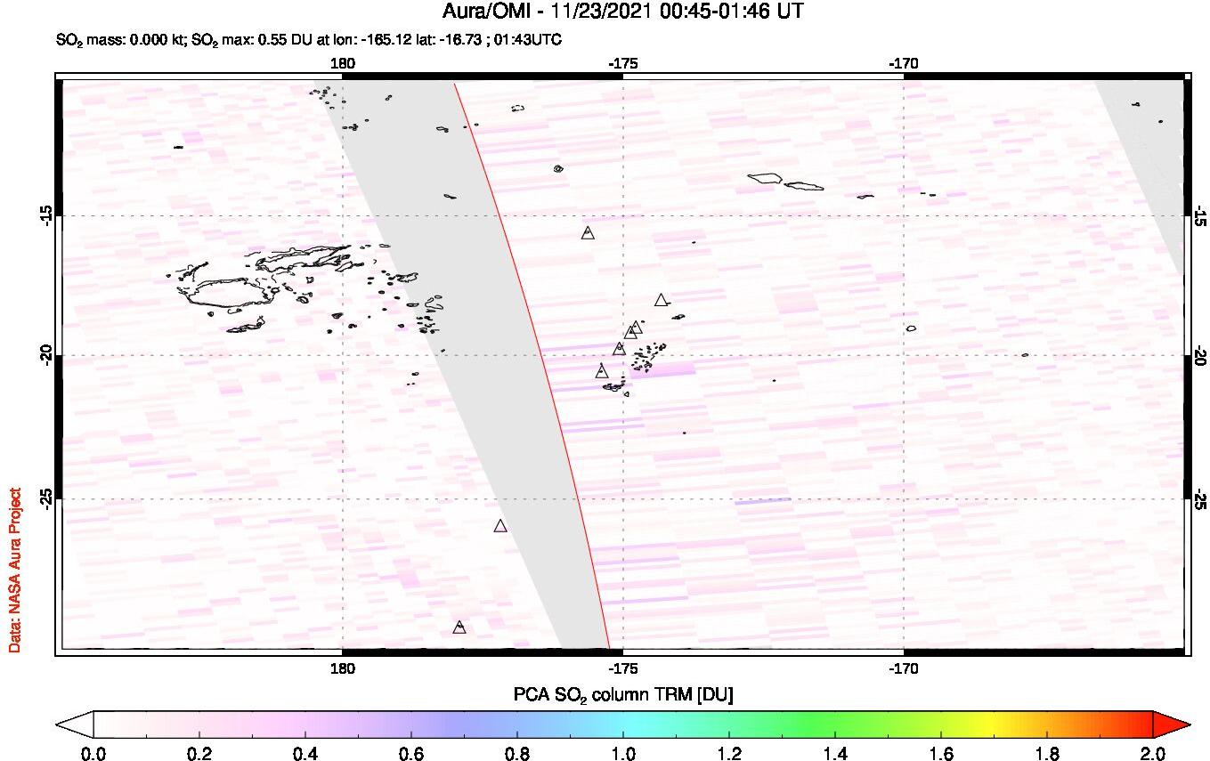 A sulfur dioxide image over Tonga, South Pacific on Nov 23, 2021.