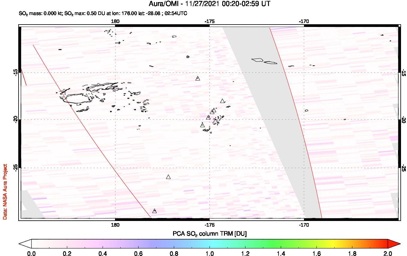 A sulfur dioxide image over Tonga, South Pacific on Nov 27, 2021.