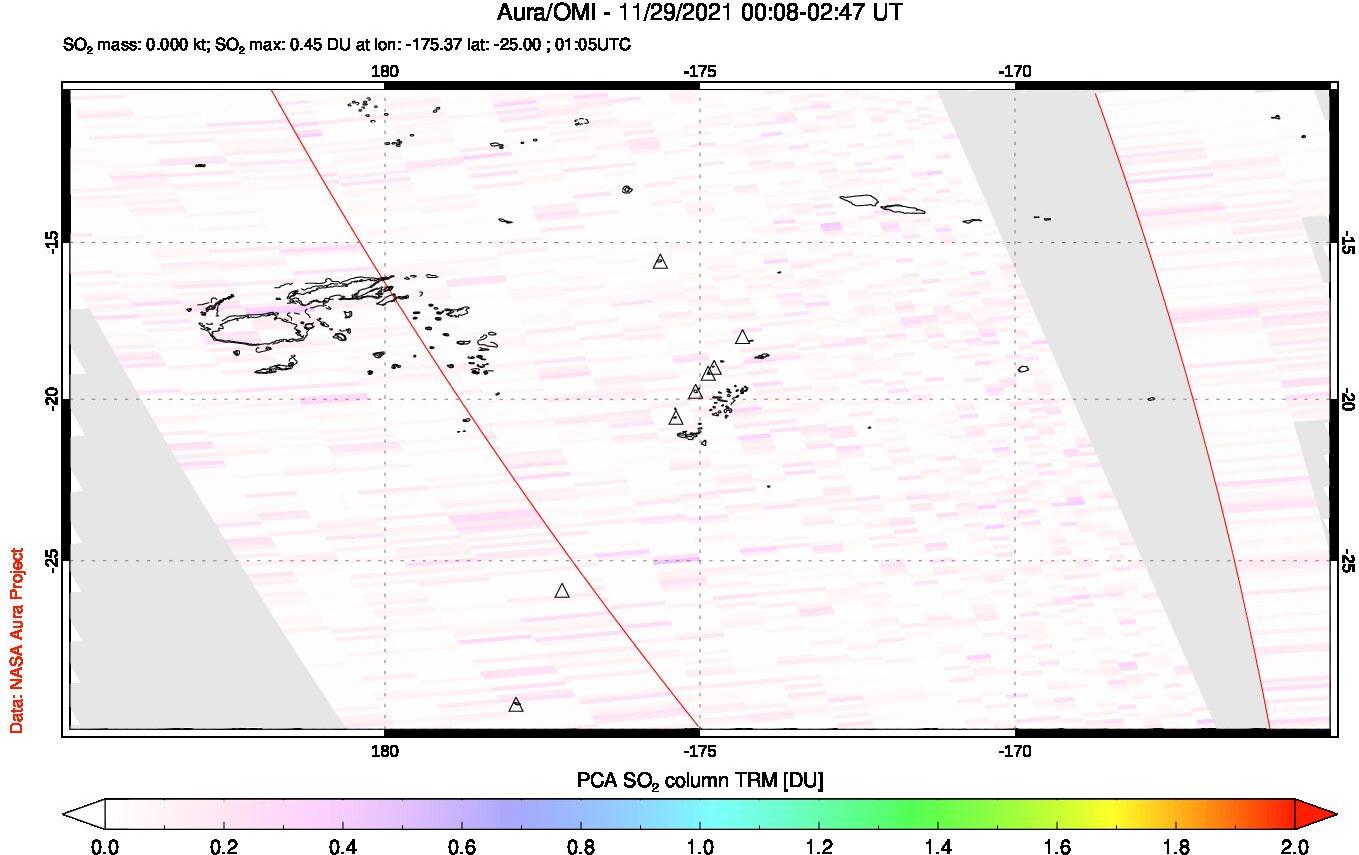 A sulfur dioxide image over Tonga, South Pacific on Nov 29, 2021.