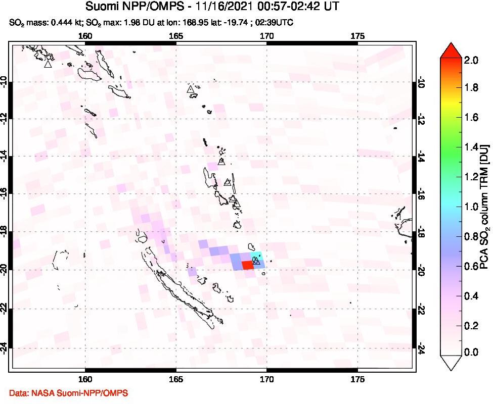 A sulfur dioxide image over Vanuatu, South Pacific on Nov 16, 2021.