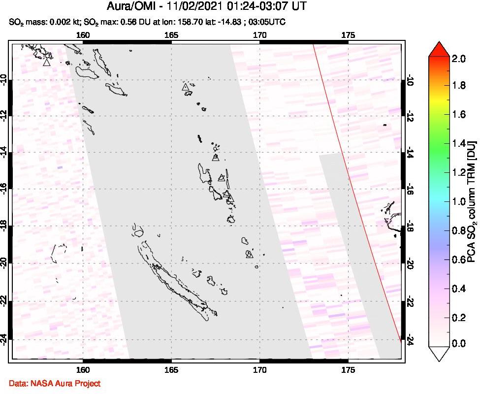 A sulfur dioxide image over Vanuatu, South Pacific on Nov 02, 2021.
