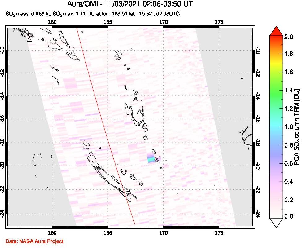 A sulfur dioxide image over Vanuatu, South Pacific on Nov 03, 2021.