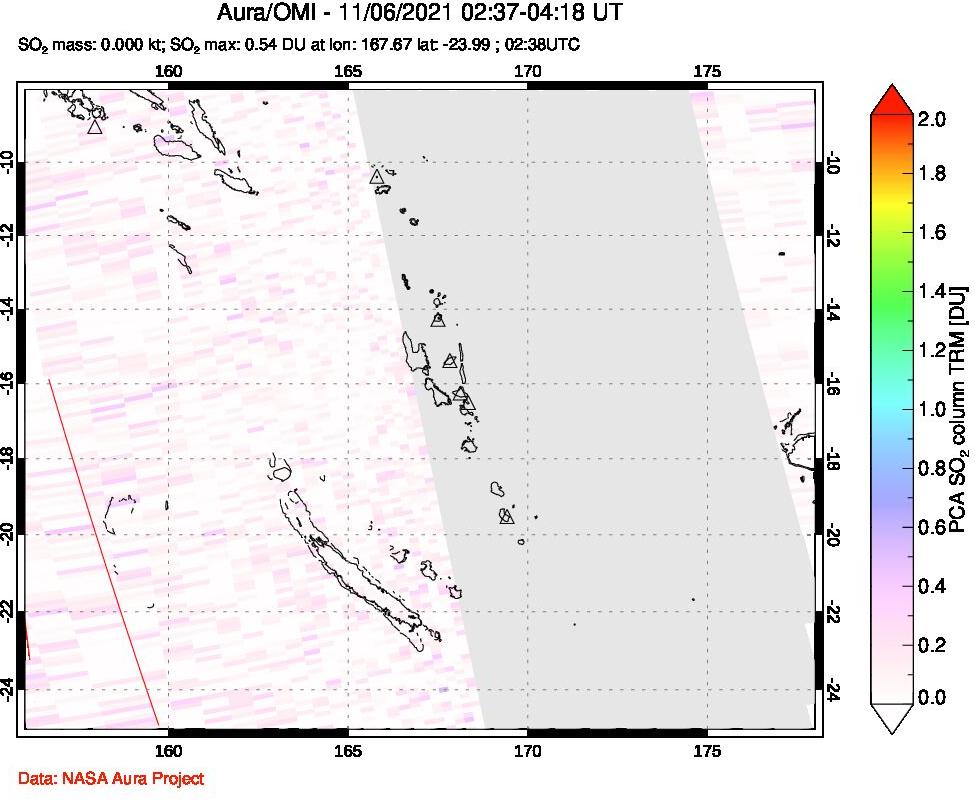 A sulfur dioxide image over Vanuatu, South Pacific on Nov 06, 2021.