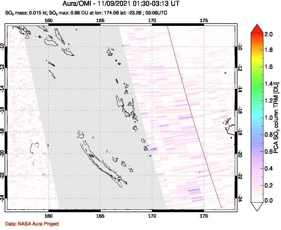 A sulfur dioxide image over Vanuatu, South Pacific on Nov 09, 2021.