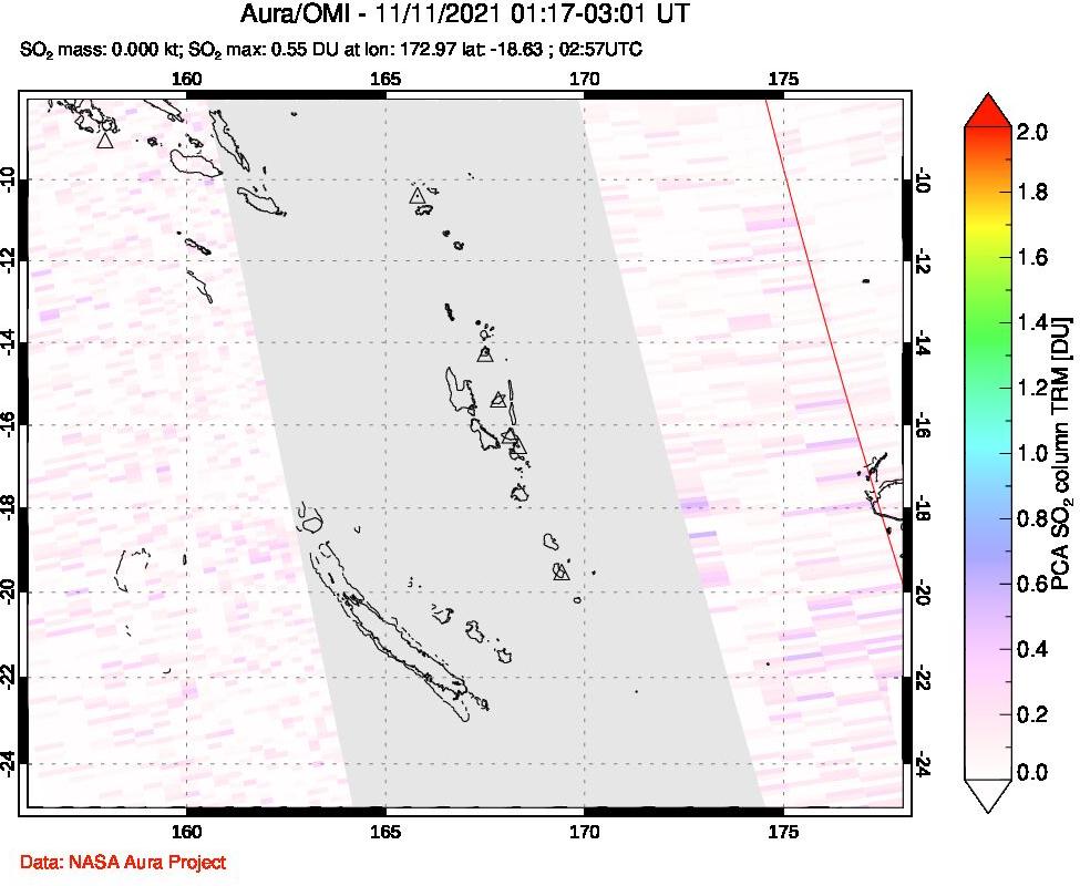 A sulfur dioxide image over Vanuatu, South Pacific on Nov 11, 2021.