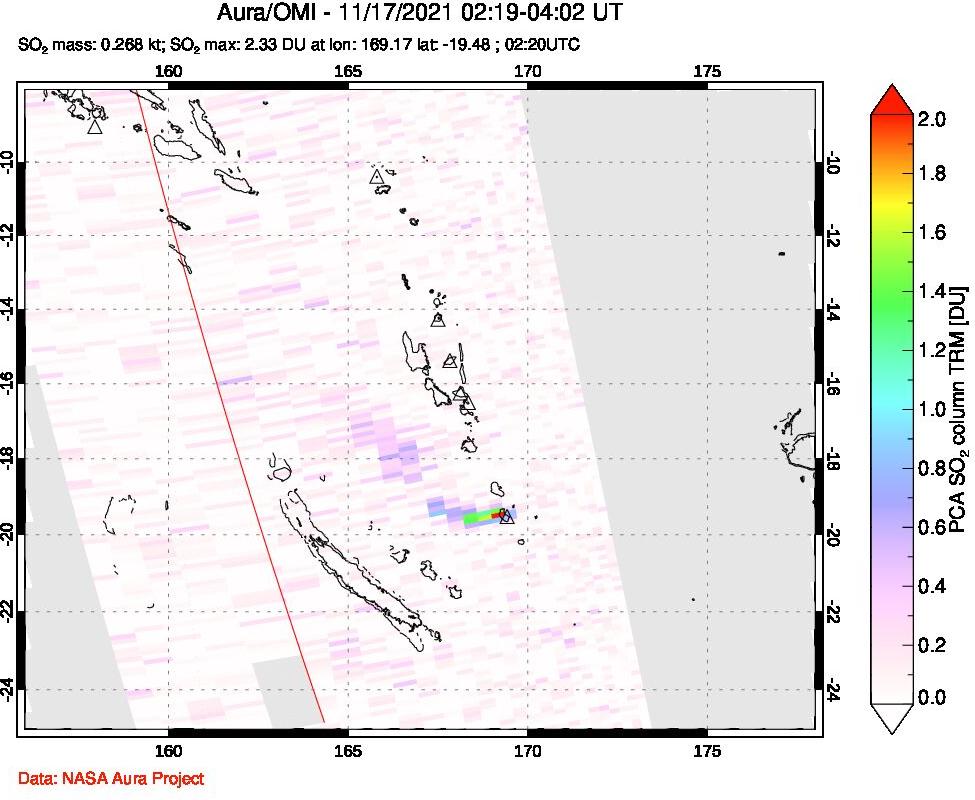 A sulfur dioxide image over Vanuatu, South Pacific on Nov 17, 2021.