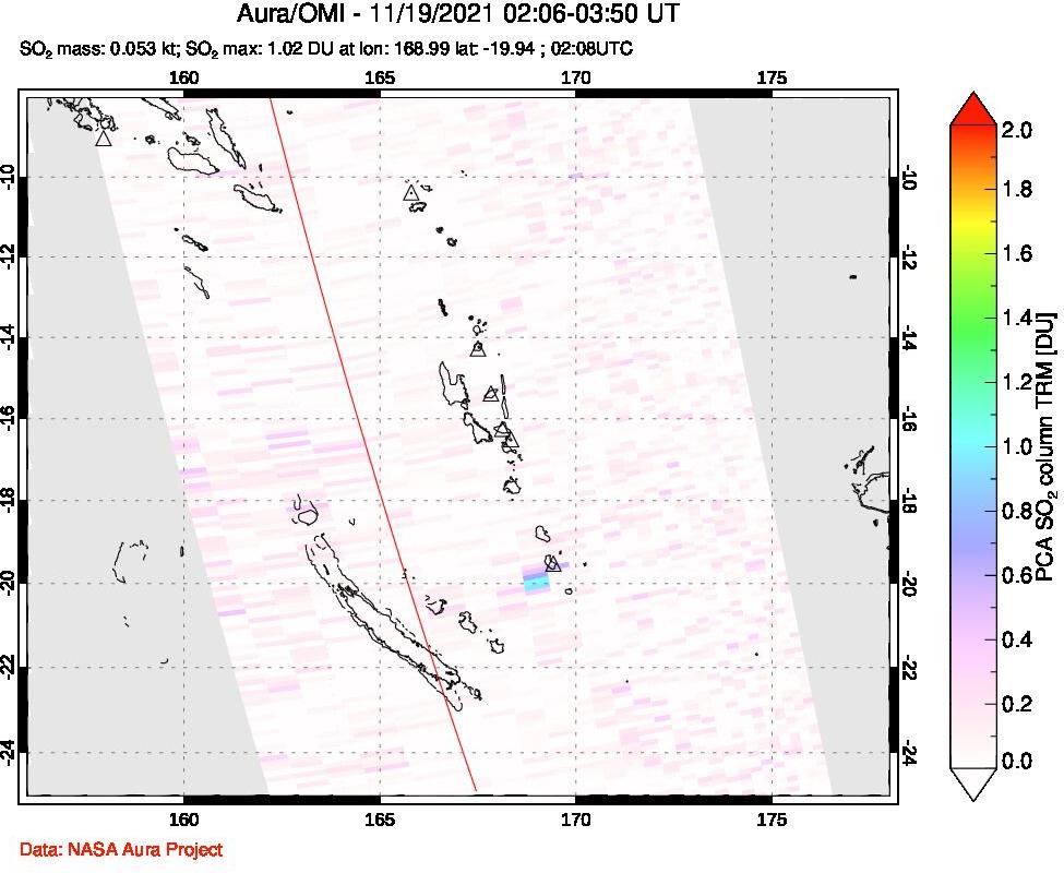 A sulfur dioxide image over Vanuatu, South Pacific on Nov 19, 2021.