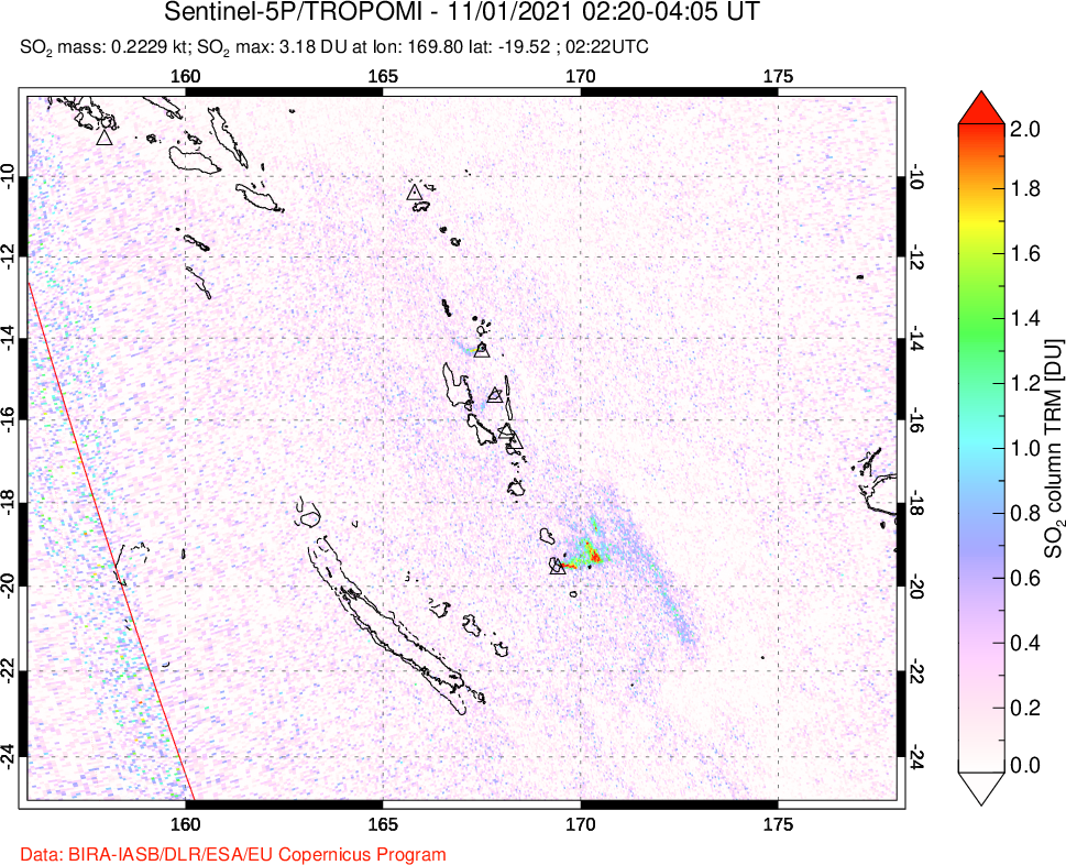 A sulfur dioxide image over Vanuatu, South Pacific on Nov 01, 2021.