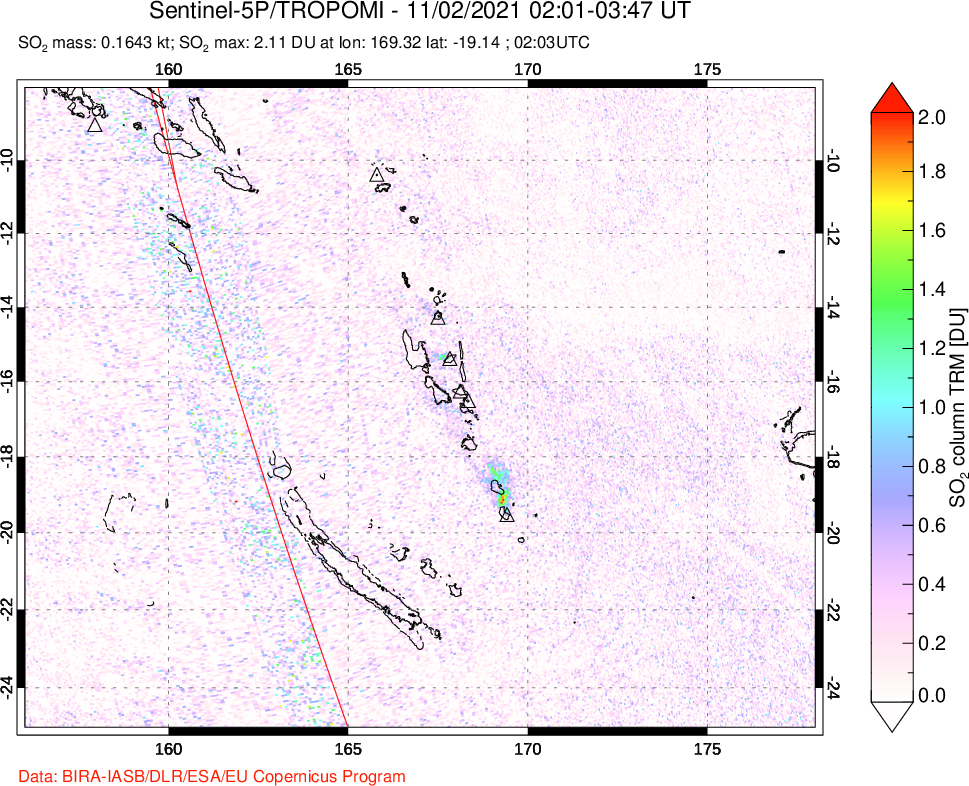 A sulfur dioxide image over Vanuatu, South Pacific on Nov 02, 2021.