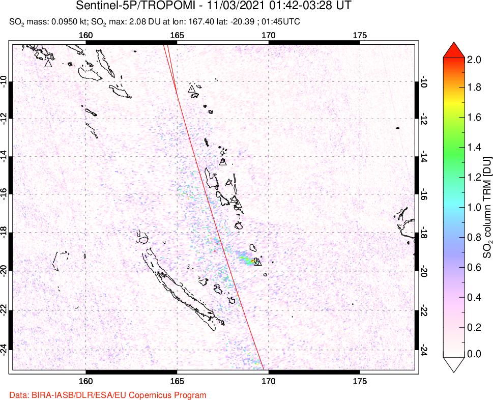 A sulfur dioxide image over Vanuatu, South Pacific on Nov 03, 2021.