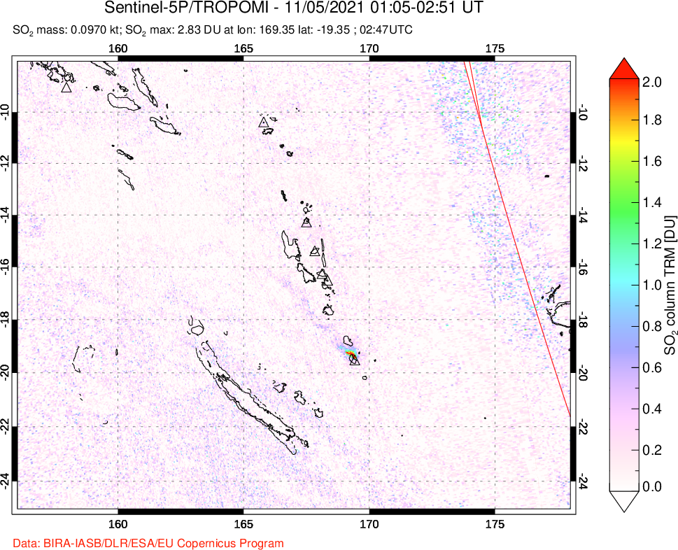 A sulfur dioxide image over Vanuatu, South Pacific on Nov 05, 2021.