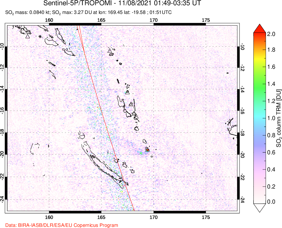 A sulfur dioxide image over Vanuatu, South Pacific on Nov 08, 2021.