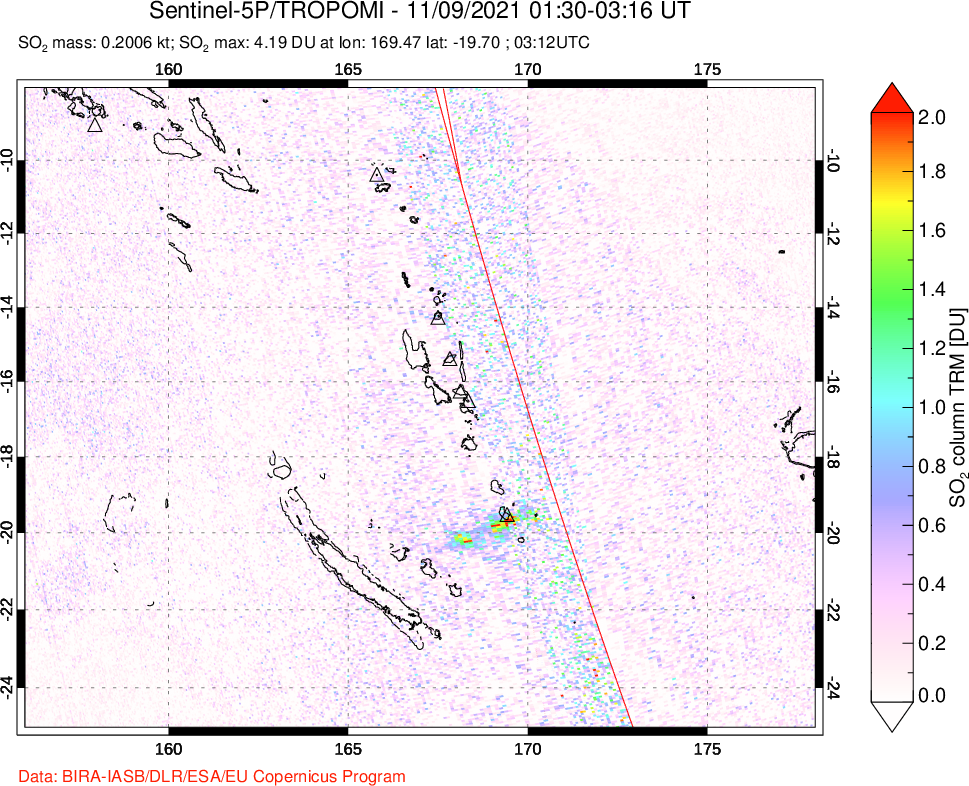 A sulfur dioxide image over Vanuatu, South Pacific on Nov 09, 2021.