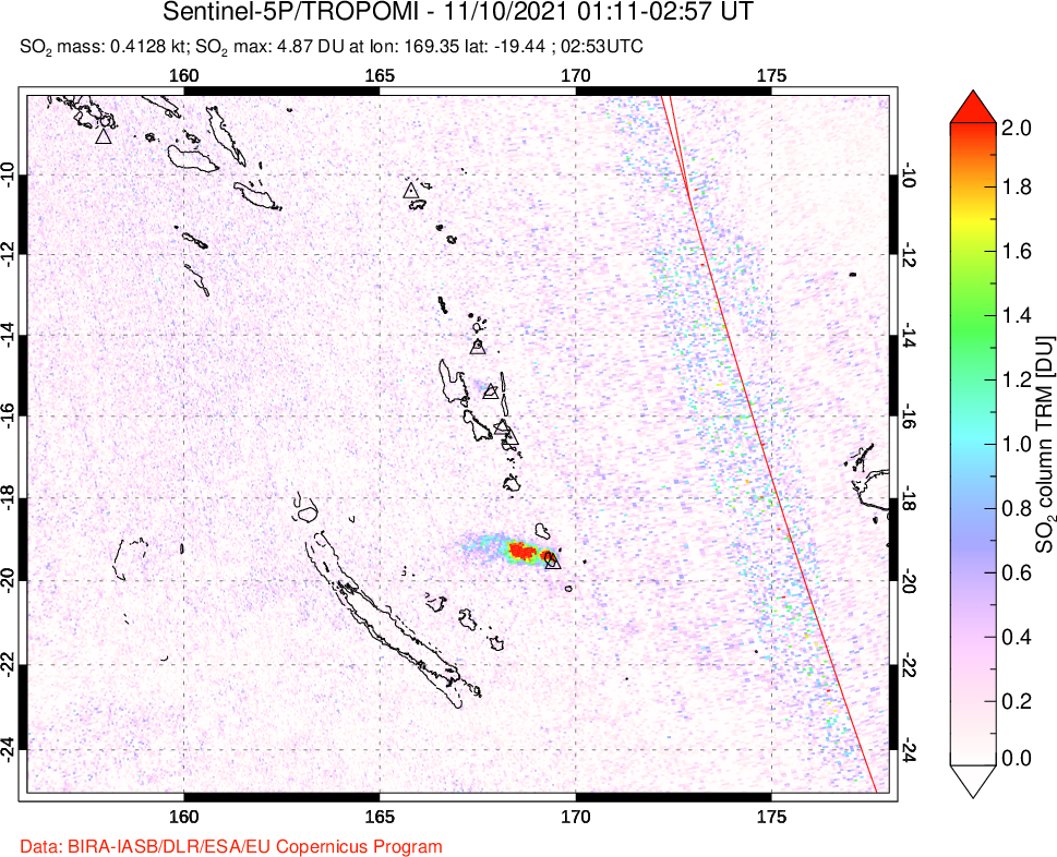 A sulfur dioxide image over Vanuatu, South Pacific on Nov 10, 2021.