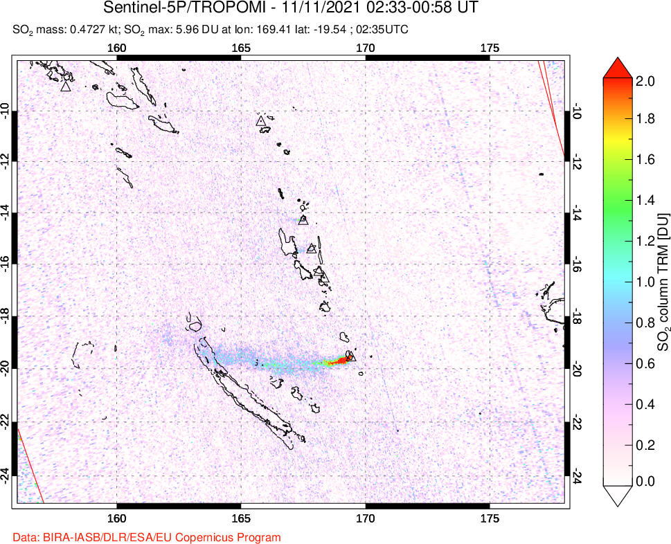 A sulfur dioxide image over Vanuatu, South Pacific on Nov 11, 2021.