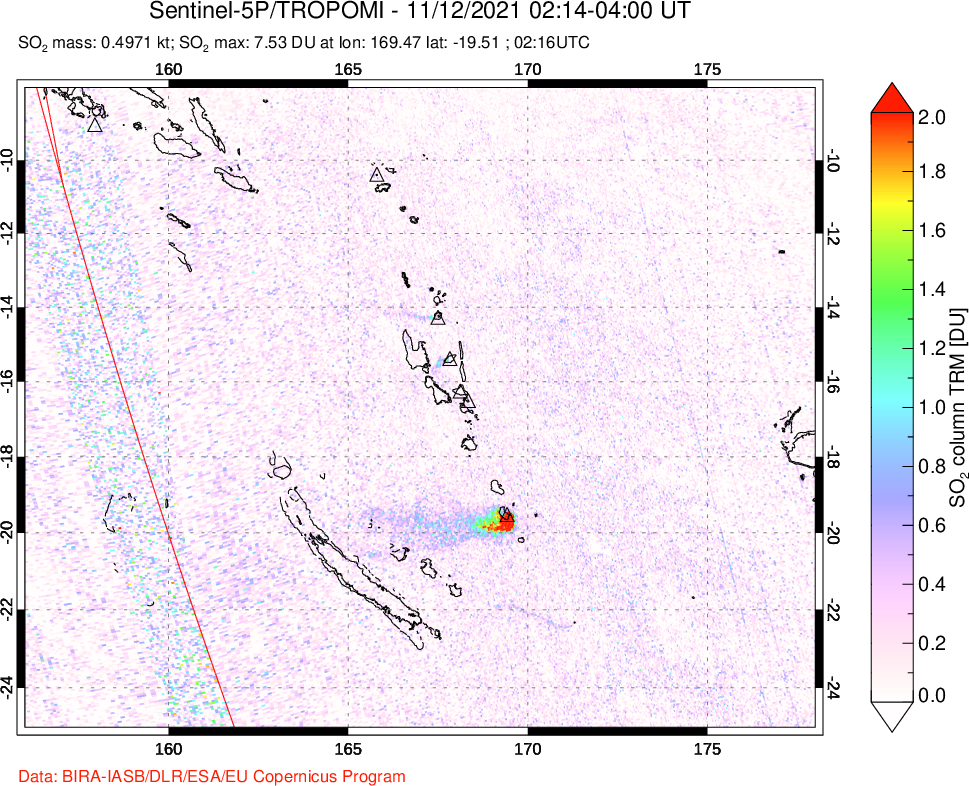 A sulfur dioxide image over Vanuatu, South Pacific on Nov 12, 2021.