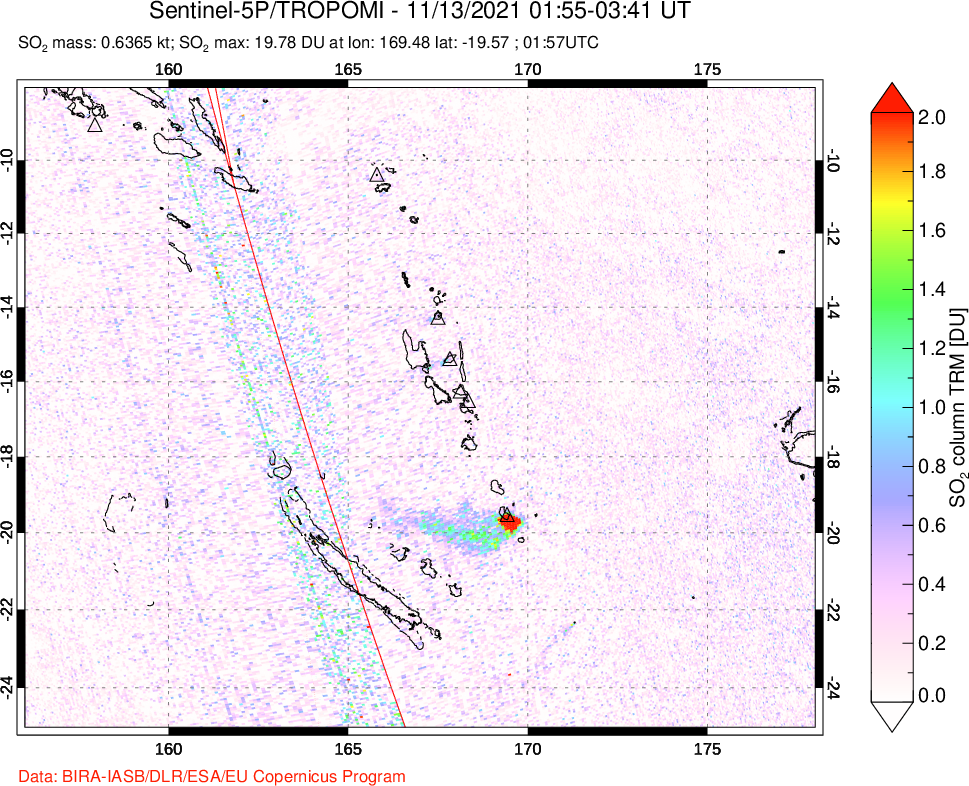 A sulfur dioxide image over Vanuatu, South Pacific on Nov 13, 2021.