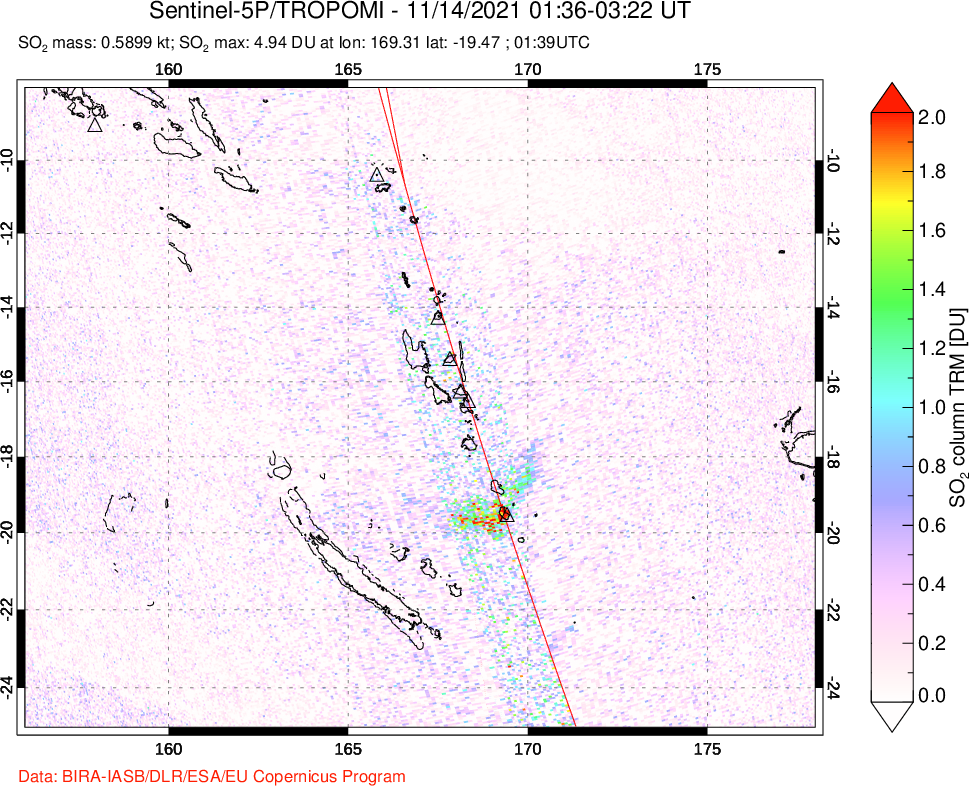 A sulfur dioxide image over Vanuatu, South Pacific on Nov 14, 2021.