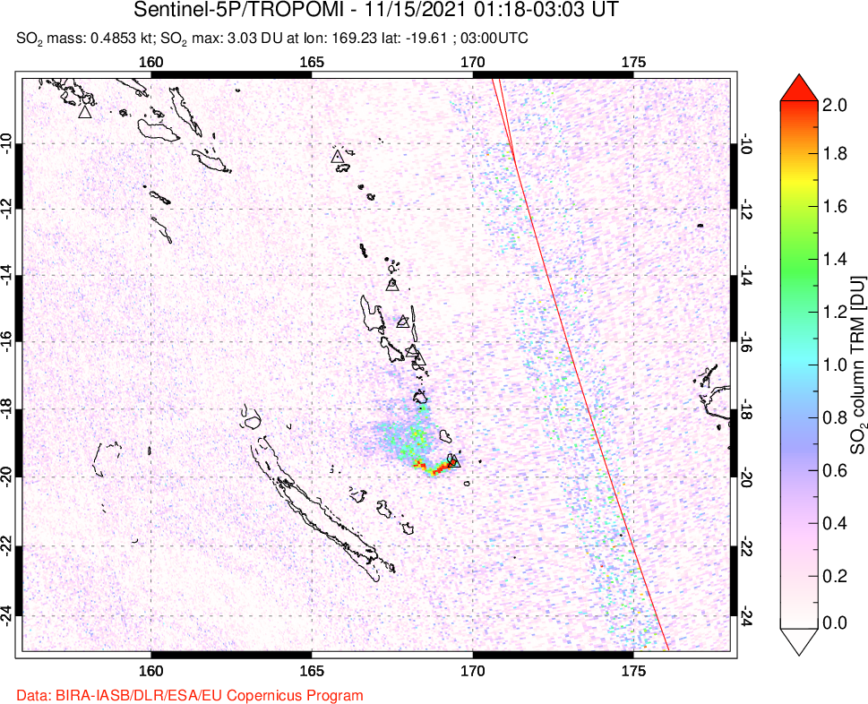 A sulfur dioxide image over Vanuatu, South Pacific on Nov 15, 2021.