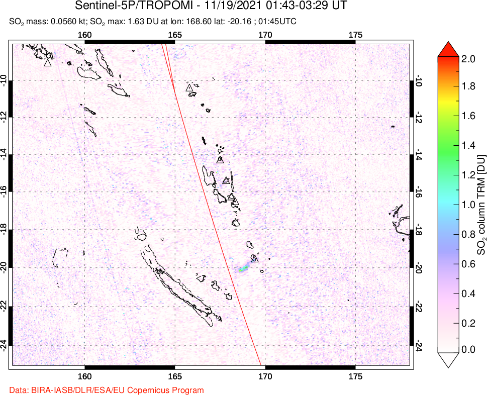 A sulfur dioxide image over Vanuatu, South Pacific on Nov 19, 2021.