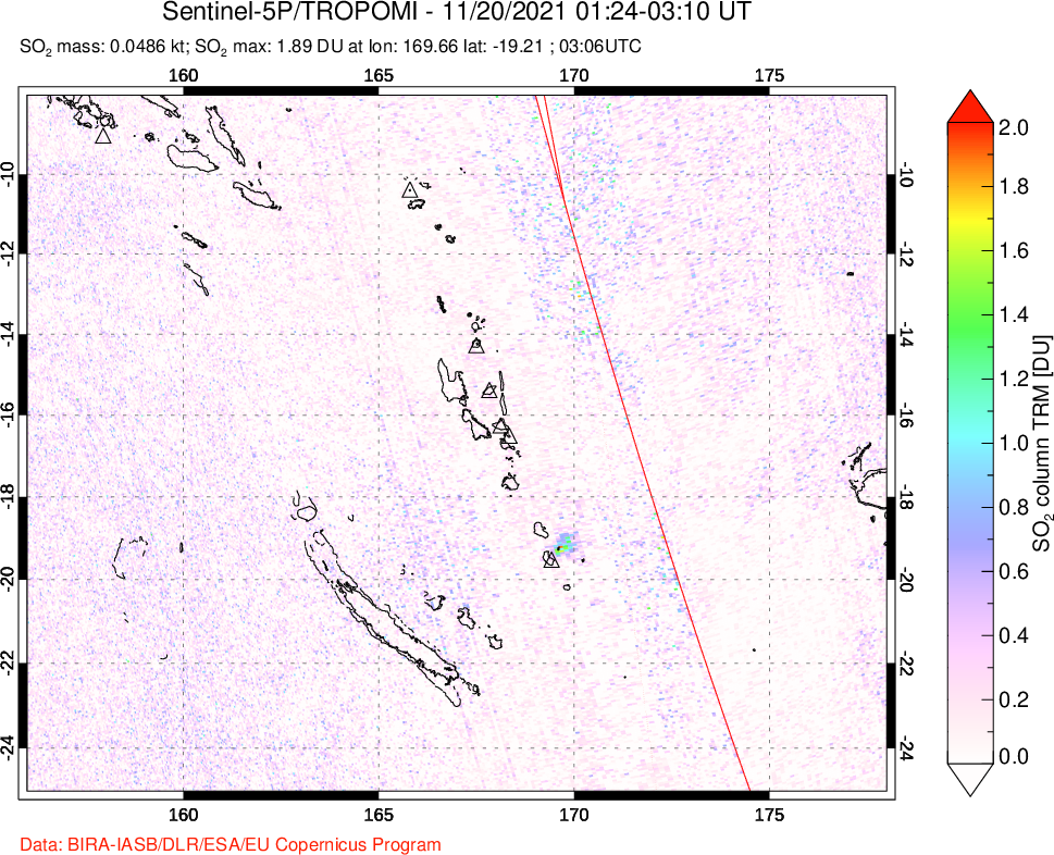 A sulfur dioxide image over Vanuatu, South Pacific on Nov 20, 2021.