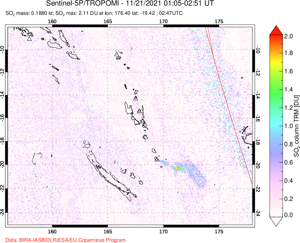 A sulfur dioxide image over Vanuatu, South Pacific on Nov 21, 2021.