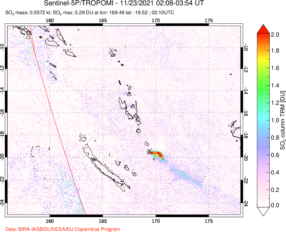 A sulfur dioxide image over Vanuatu, South Pacific on Nov 23, 2021.