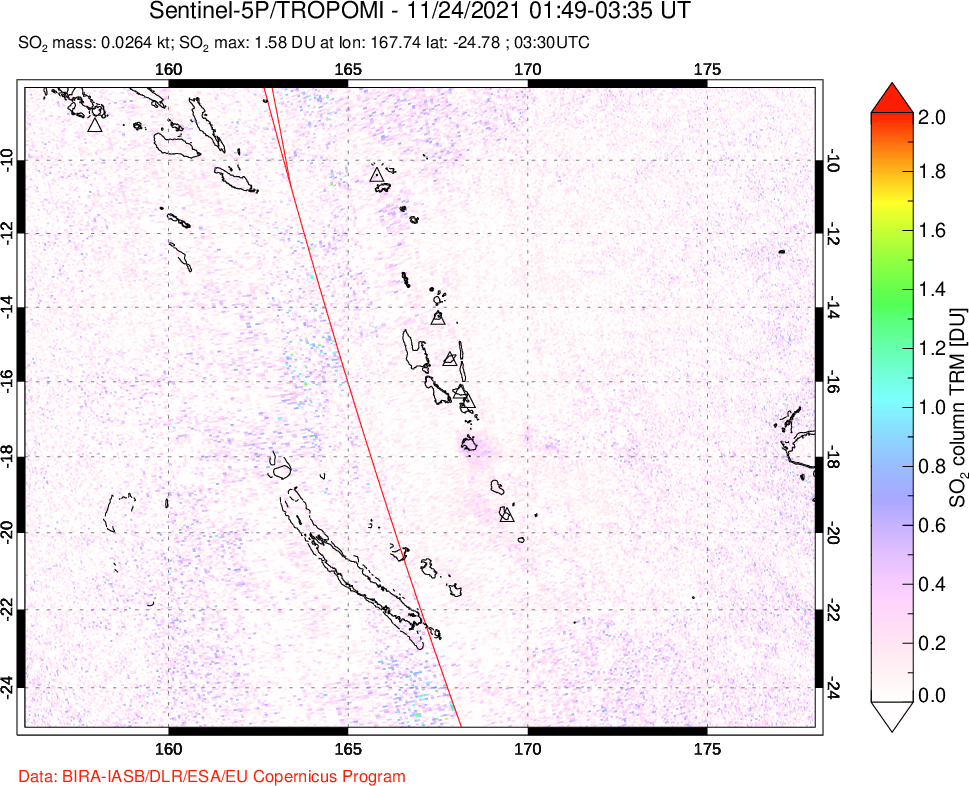A sulfur dioxide image over Vanuatu, South Pacific on Nov 24, 2021.