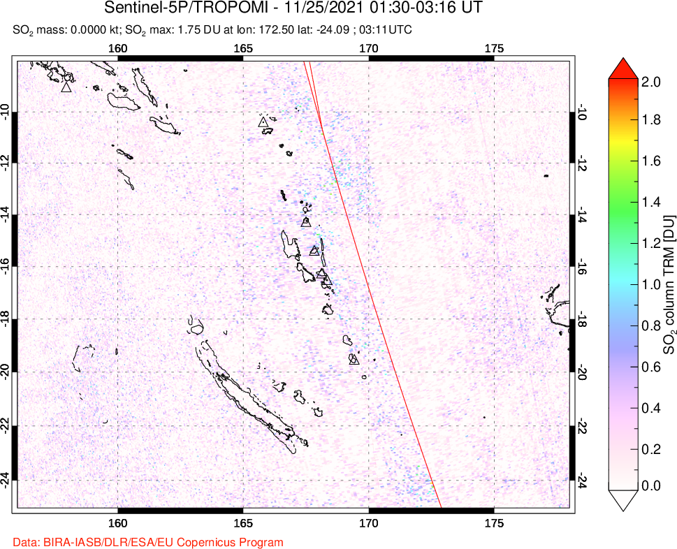 A sulfur dioxide image over Vanuatu, South Pacific on Nov 25, 2021.