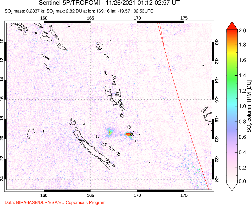 A sulfur dioxide image over Vanuatu, South Pacific on Nov 26, 2021.