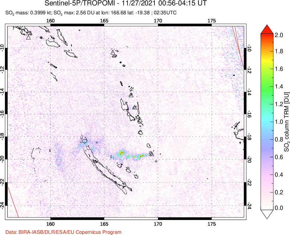 A sulfur dioxide image over Vanuatu, South Pacific on Nov 27, 2021.