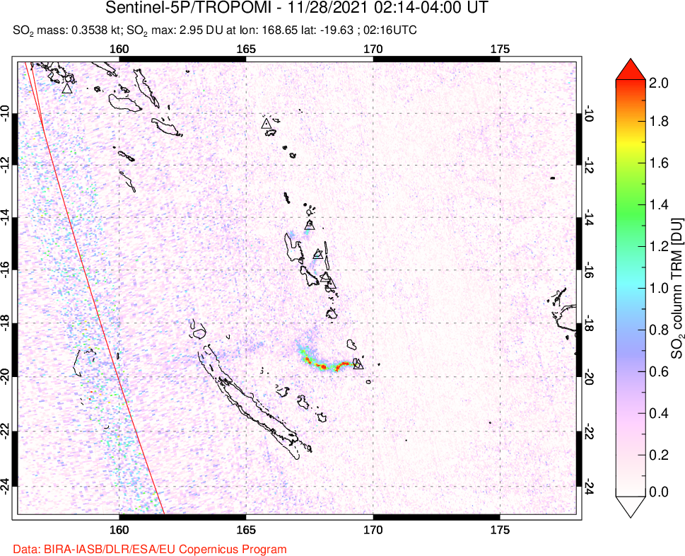 A sulfur dioxide image over Vanuatu, South Pacific on Nov 28, 2021.