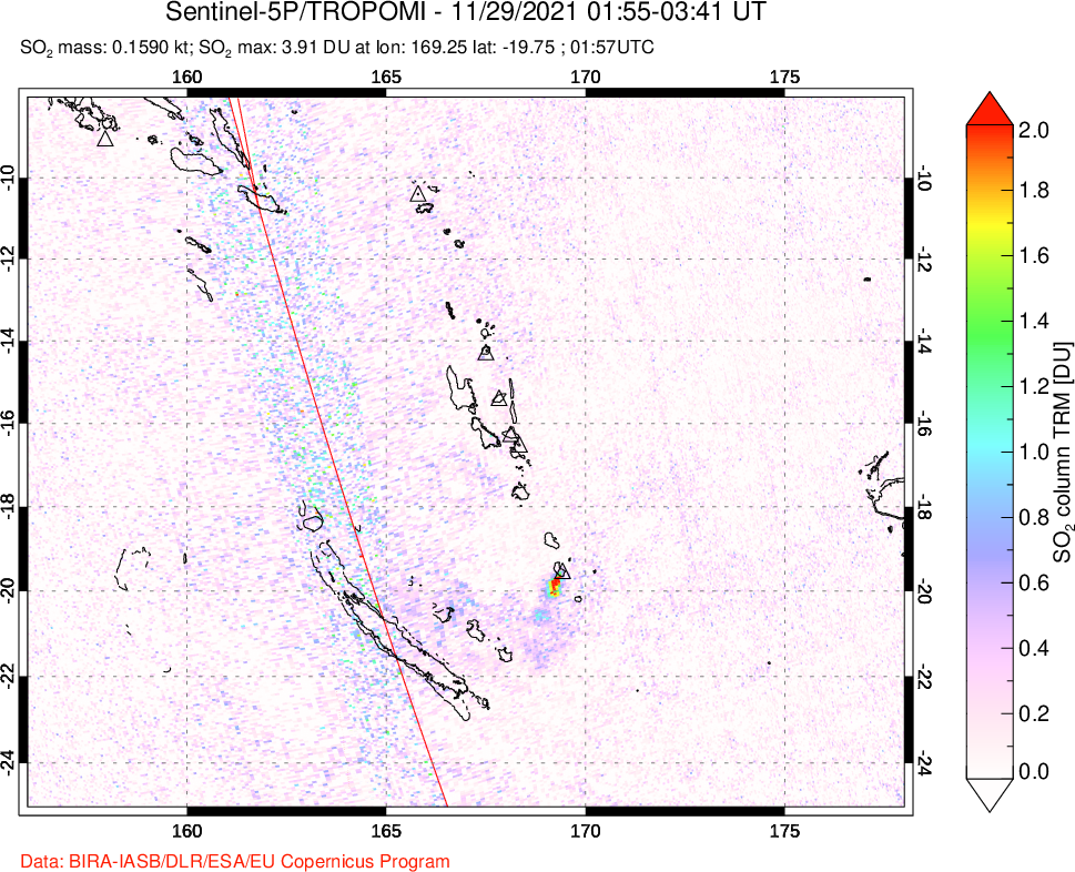 A sulfur dioxide image over Vanuatu, South Pacific on Nov 29, 2021.