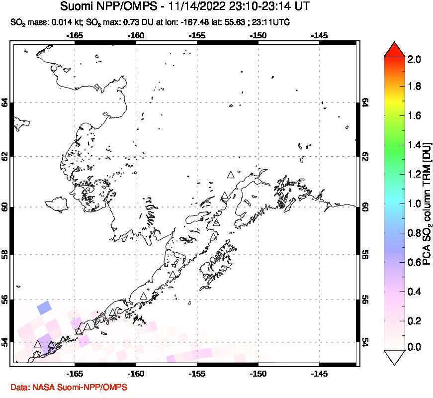 A sulfur dioxide image over Alaska, USA on Nov 14, 2022.